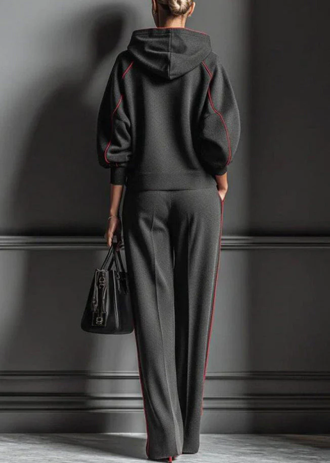Casual Dark Gray Hooded Striped Sweatshirts And Pants Cotton Two Pieces Set Spring - Image 3