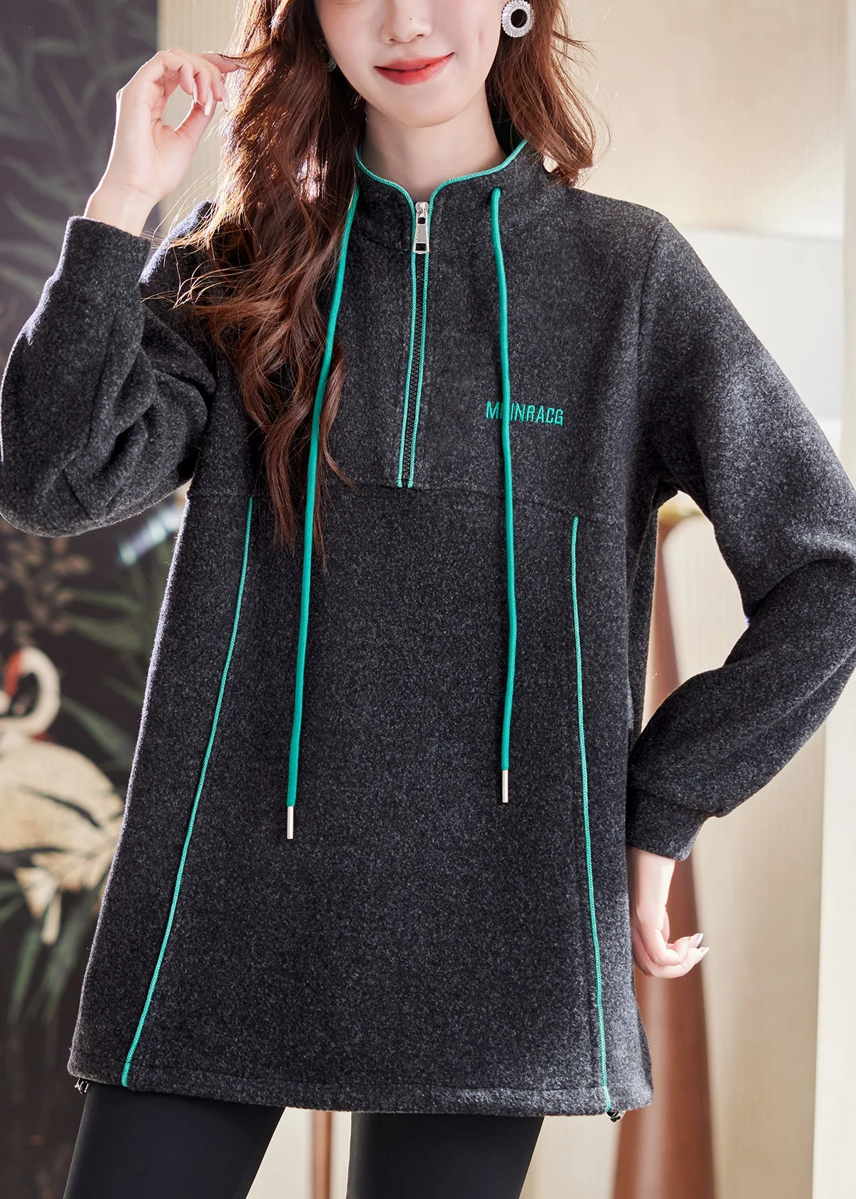 Casual Dark Gray Zip Up Drawstring Patchwork Cotton Sweatshirts Winter - Image 2