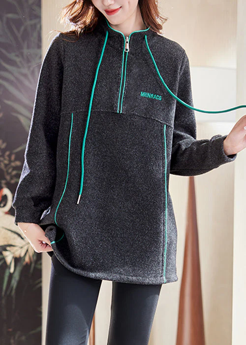 Casual Dark Gray Zip Up Drawstring Patchwork Cotton Sweatshirts Winter - Image 3