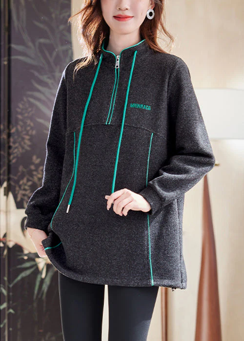 Casual Dark Gray Zip Up Drawstring Patchwork Cotton Sweatshirts Winter - Image 4