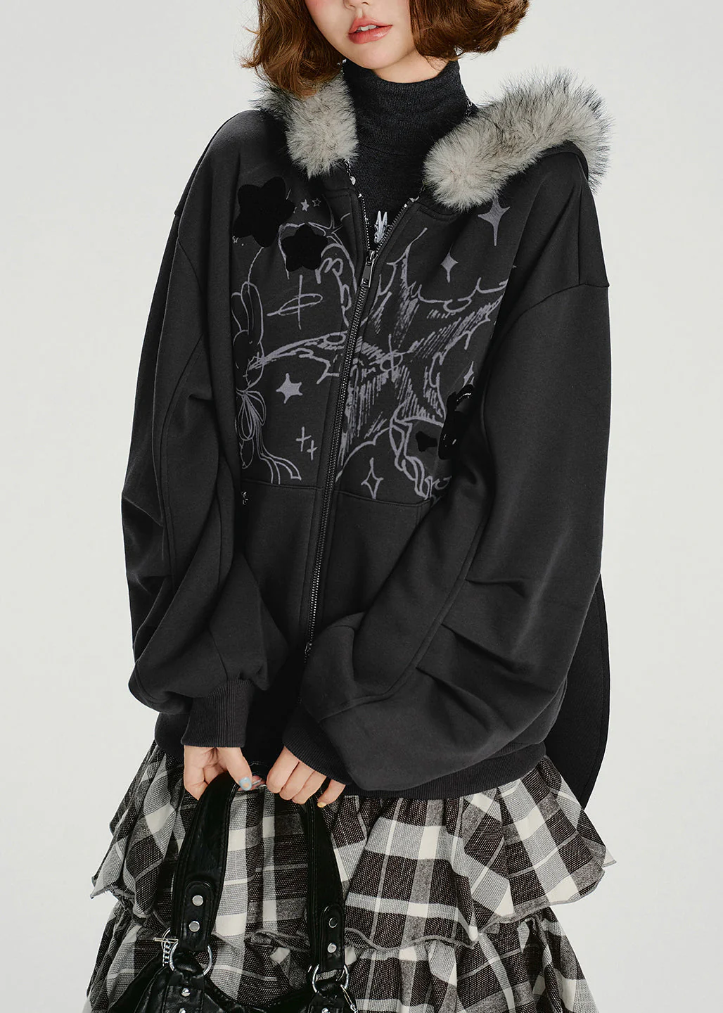 Casual Dark Grey Fur Collar Patchwork Cotton Hooded Coat Spring - Image 3