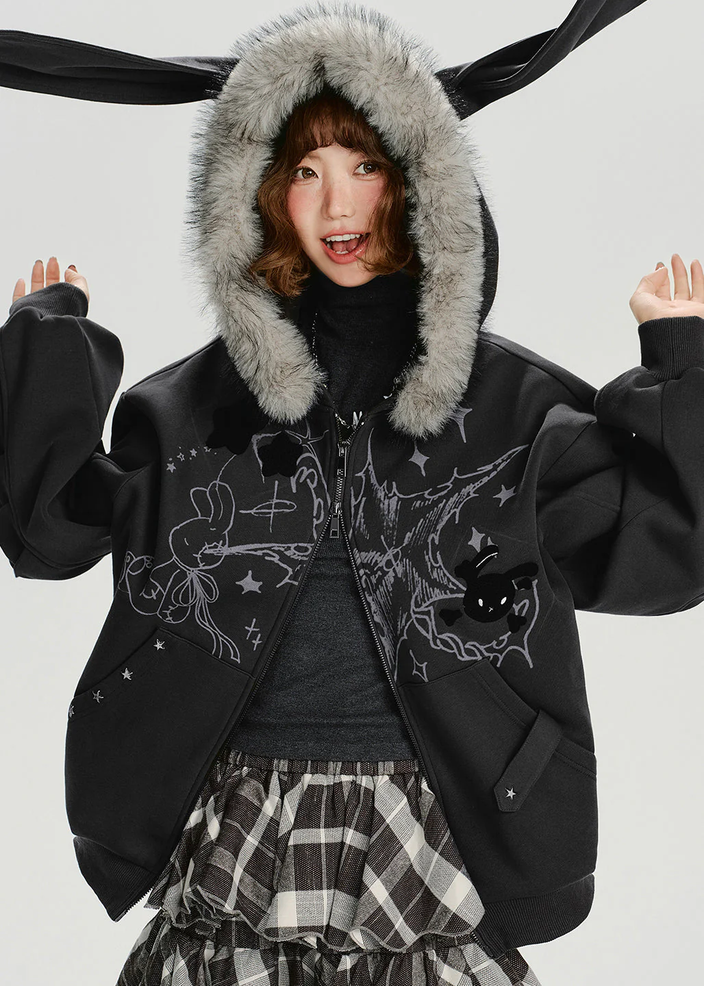 Casual Dark Grey Fur Collar Patchwork Cotton Hooded Coat Spring - Image 4