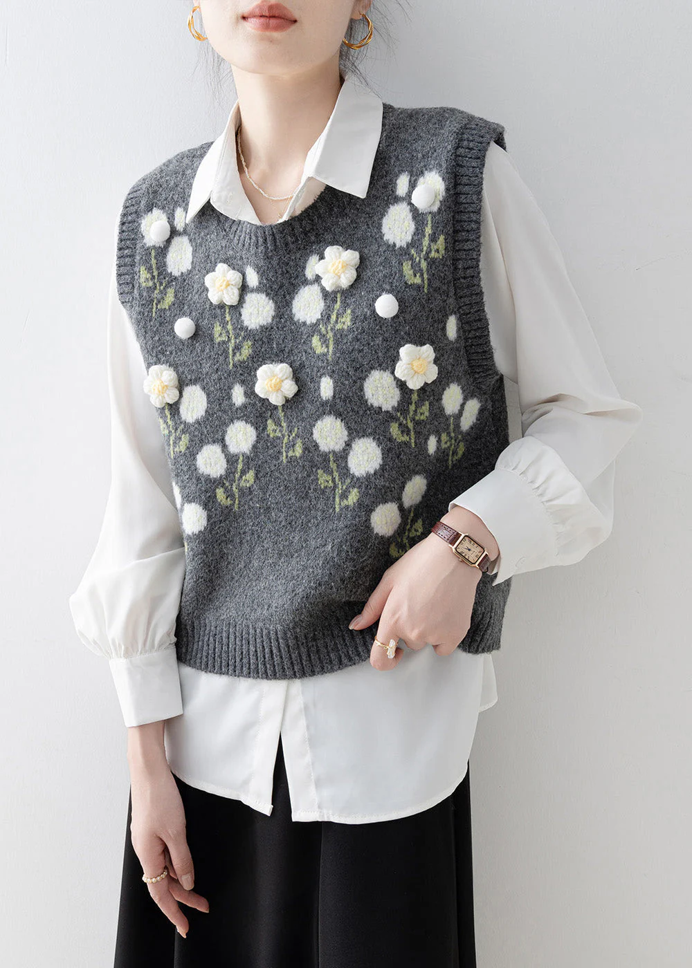 Casual Dark Grey O Neck Floral Knit Vest Sleeveless - Image 2