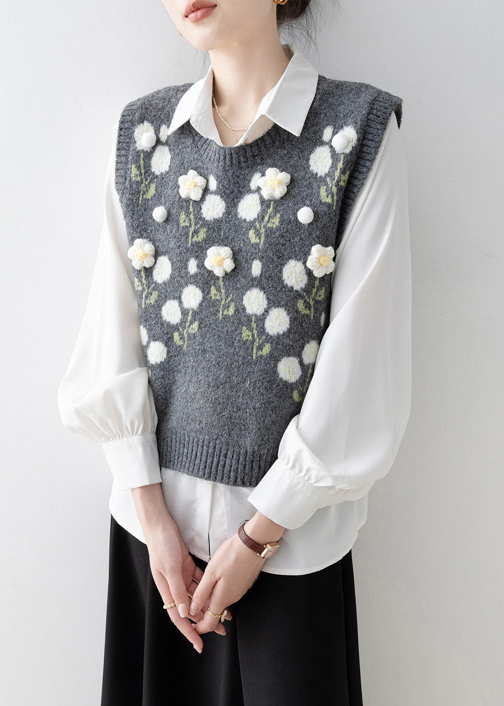Casual Dark Grey O Neck Floral Knit Vest Sleeveless - Image 3