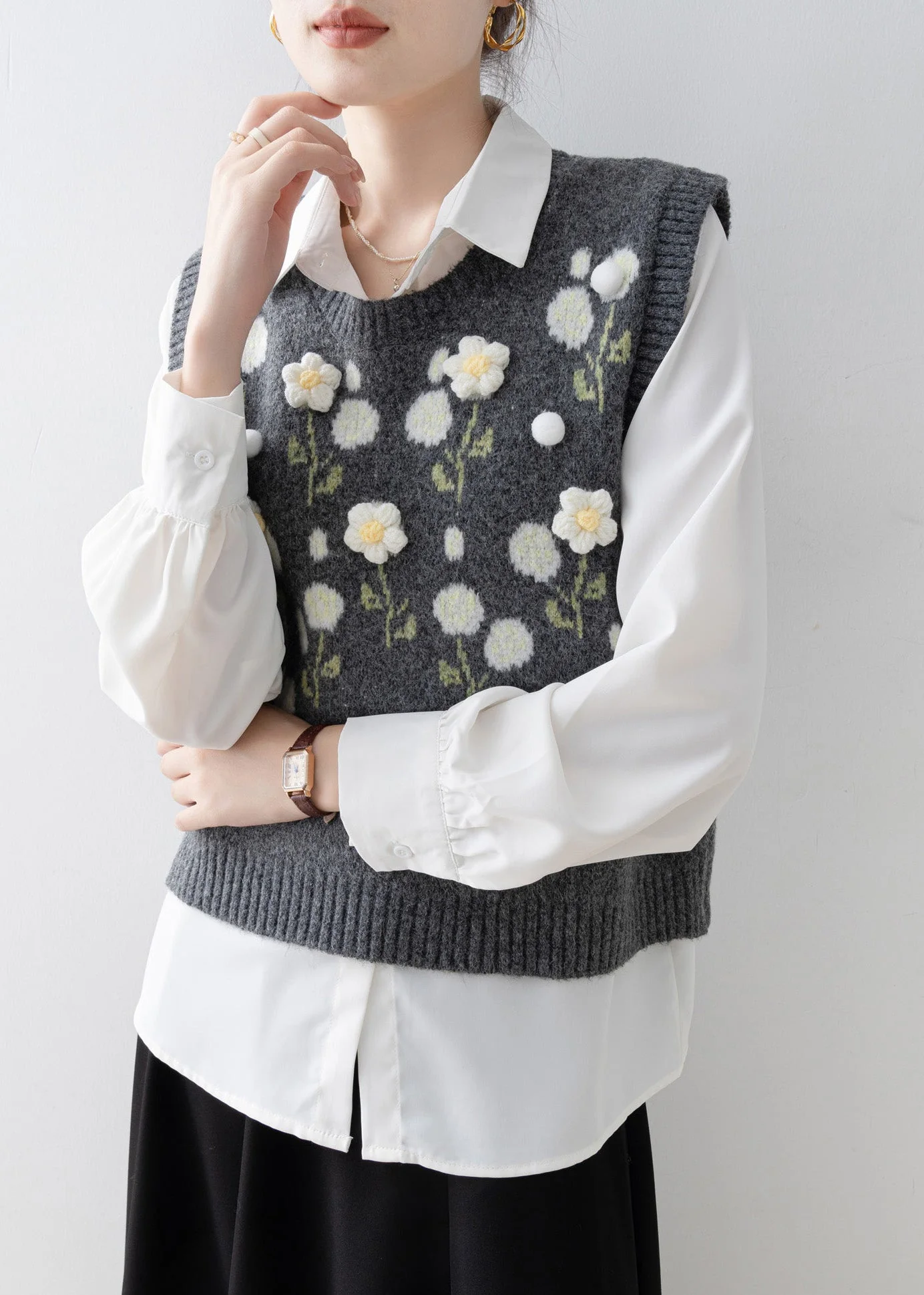 Casual Dark Grey O Neck Floral Knit Vest Sleeveless - Image 4