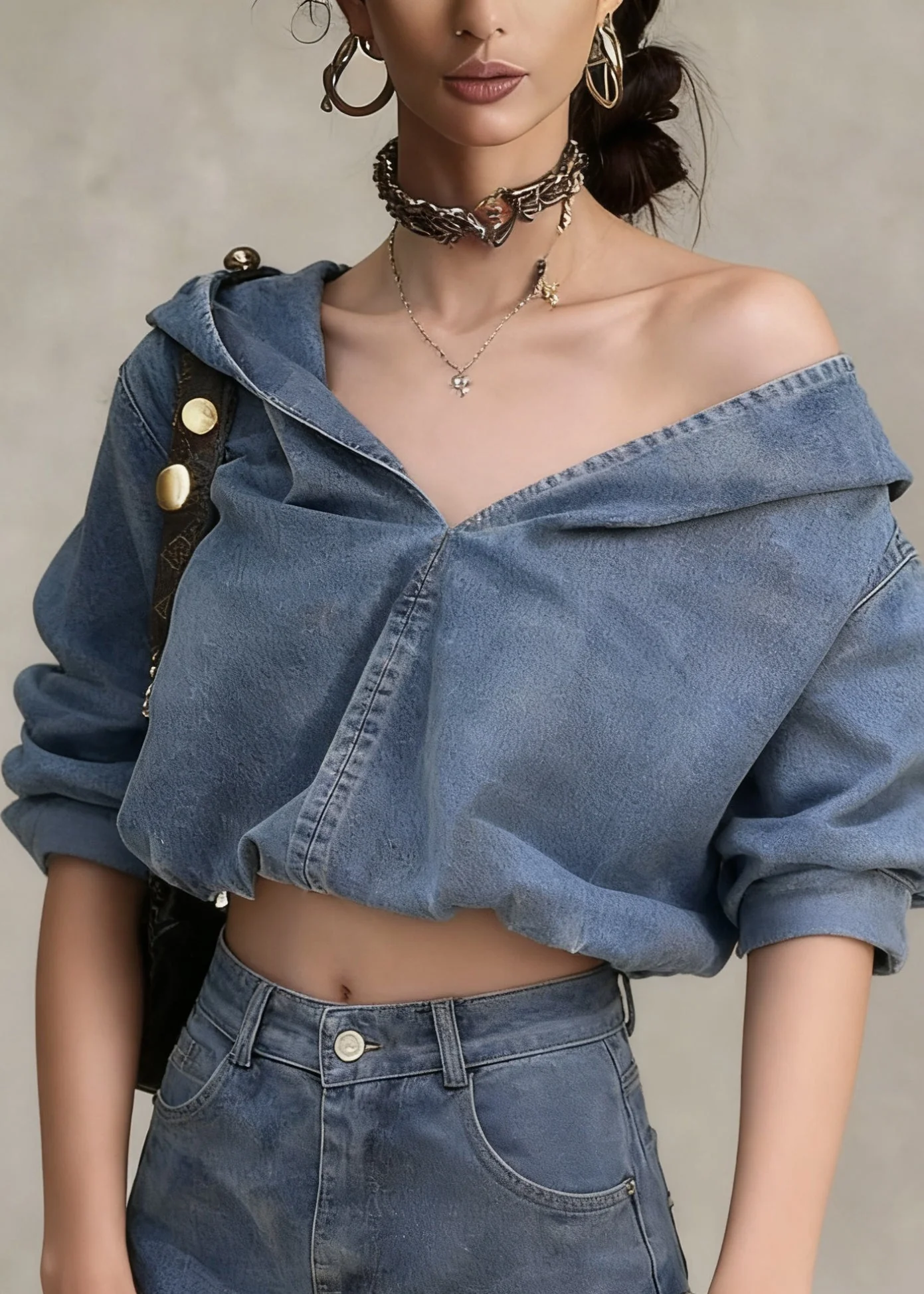 Casual Denim Blue Hooded Coat And Shorts Two Pieces Set Spring - Image 2