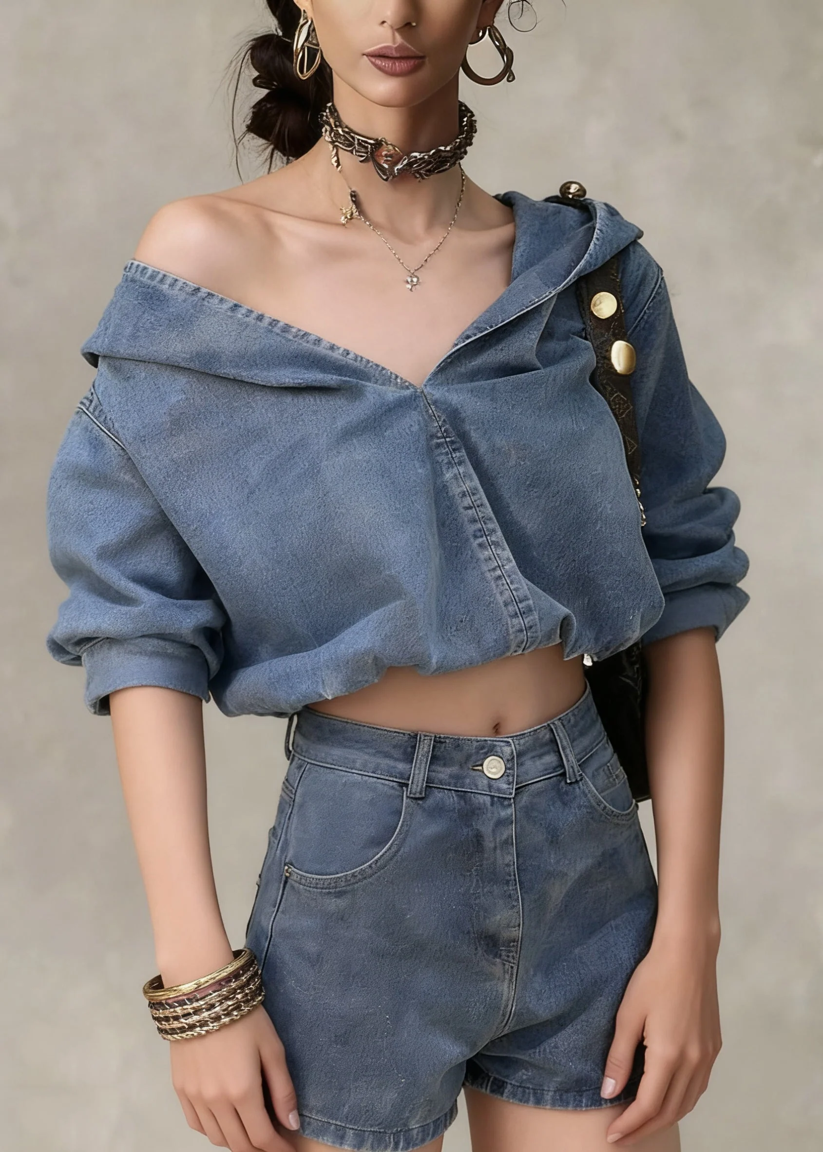 Casual Denim Blue Hooded Coat And Shorts Two Pieces Set Spring - Image 3