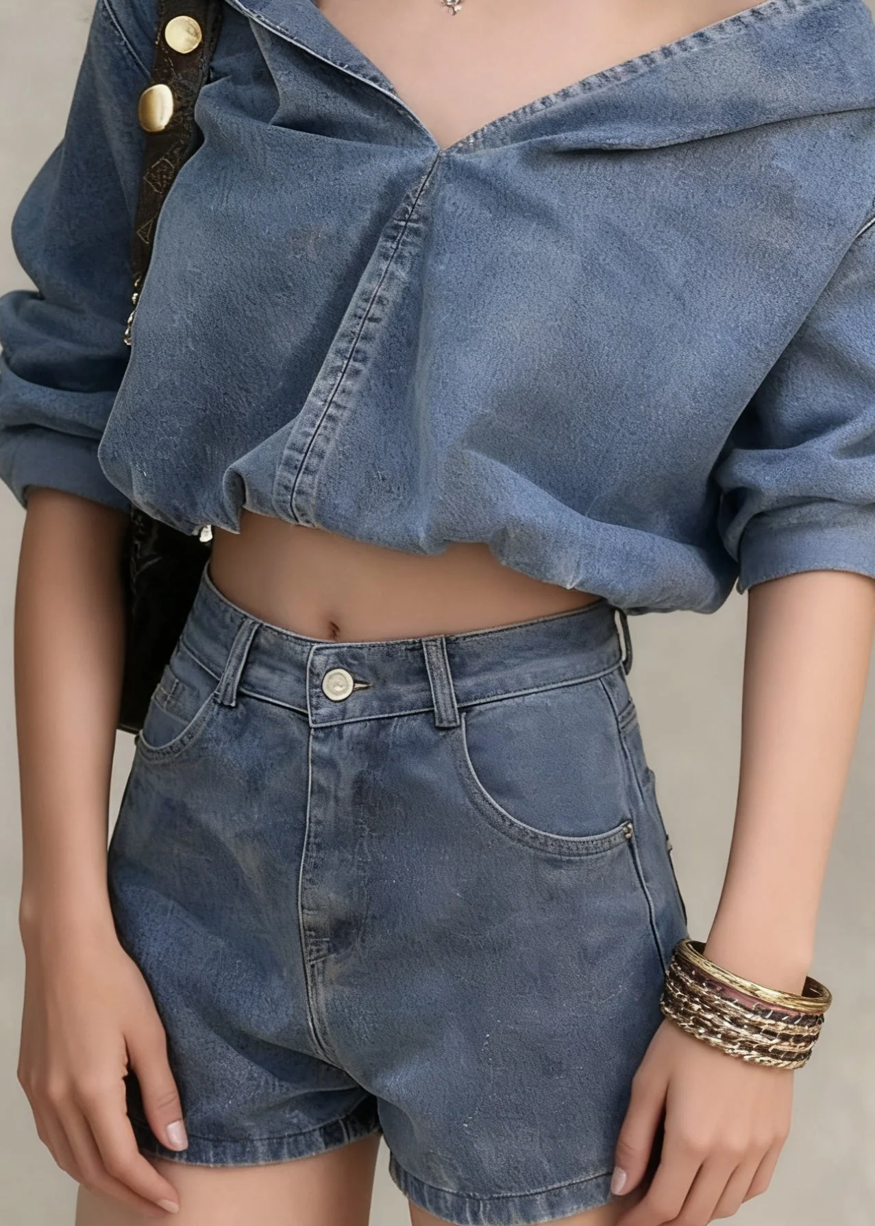 Casual Denim Blue Hooded Coat And Shorts Two Pieces Set Spring - Image 4