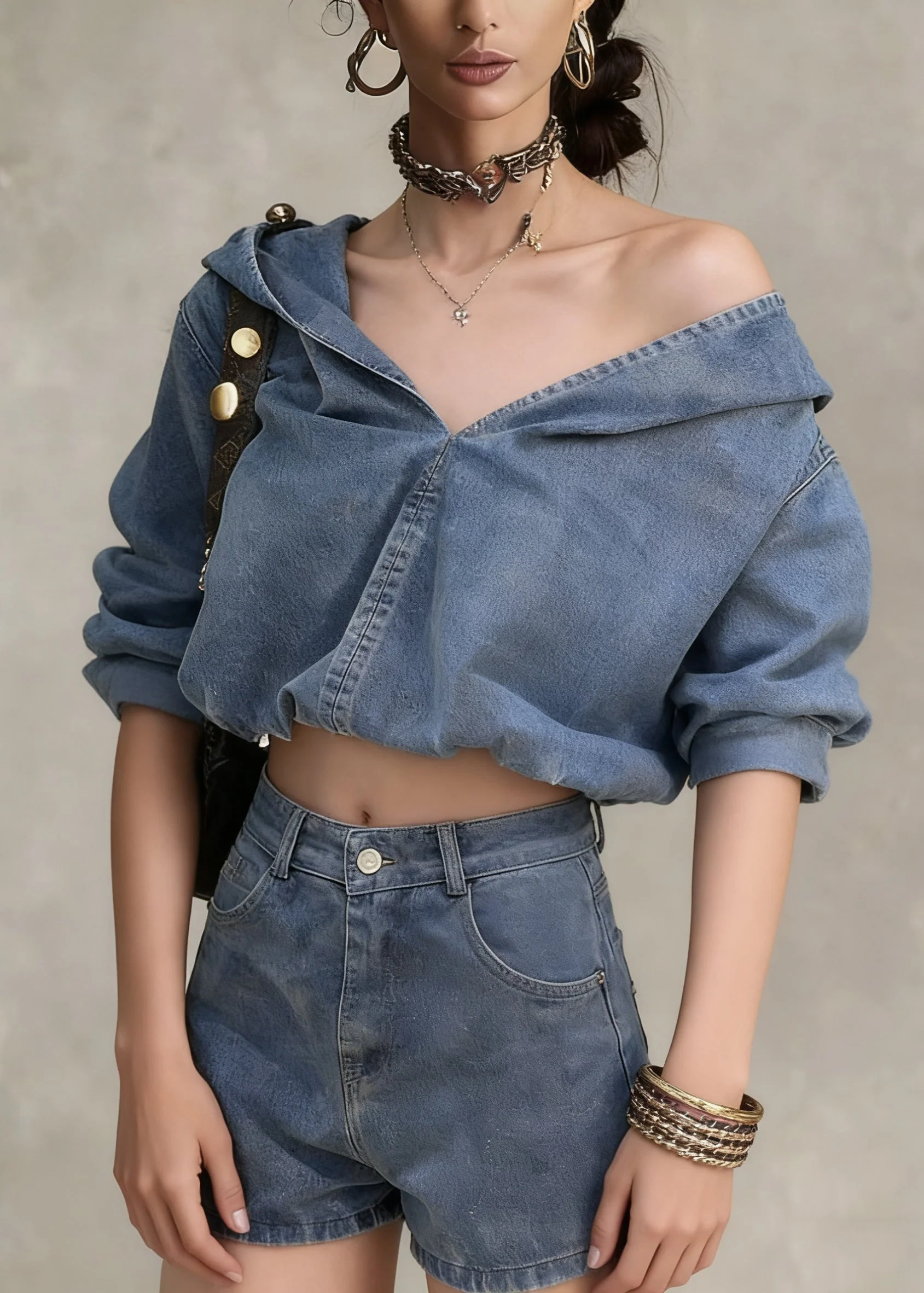 Casual Denim Blue Hooded Coat And Shorts Two Pieces Set Spring - Image 5