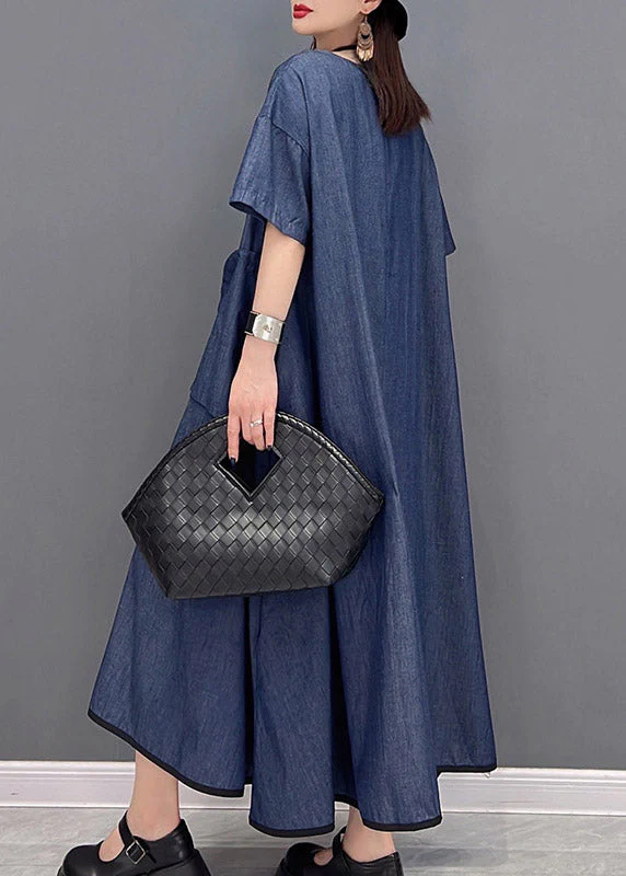 Casual Denim Blue O-Neck Pockets Long Dresses Short Sleeve - Image 5
