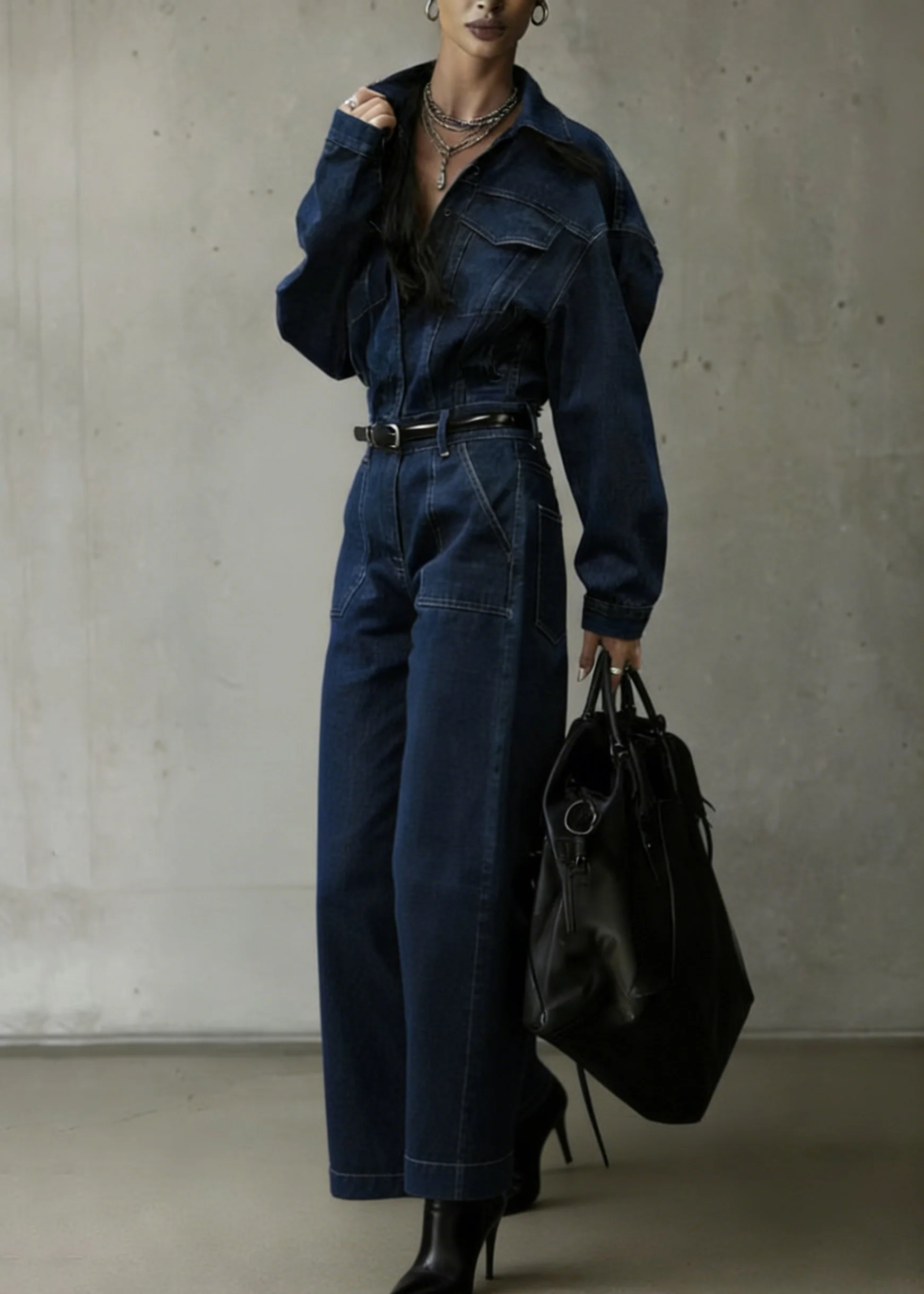 Casual Denim Blue Peter Pan Collar Patchwork Pocket Jumpsuit Spring - Image 3