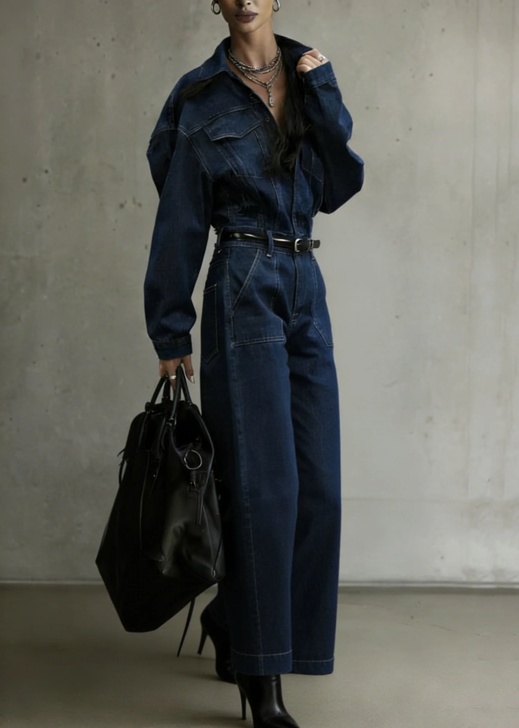Casual Denim Blue Peter Pan Collar Patchwork Pocket Jumpsuit Spring - Image 5