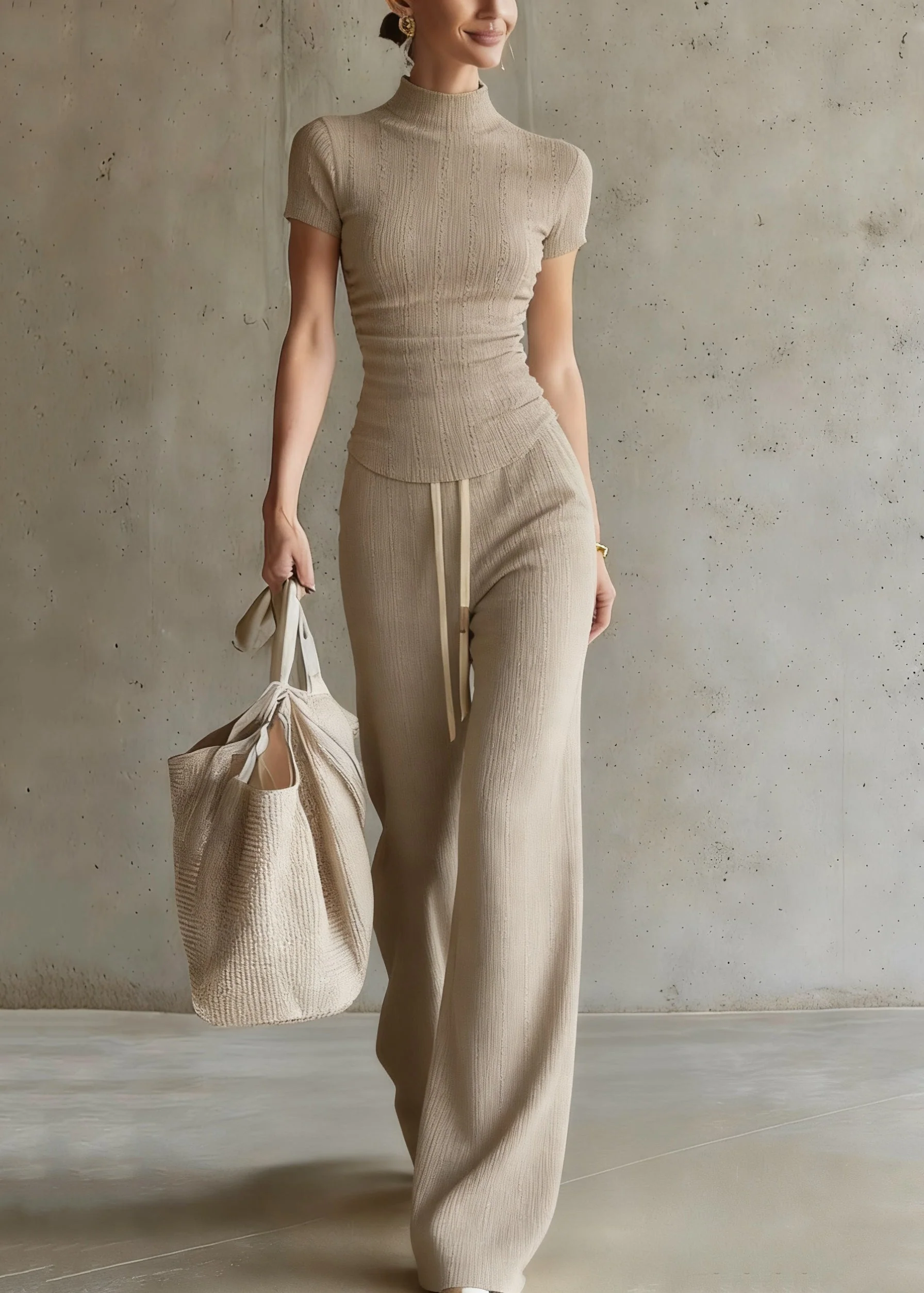 Casual Drawstring Top And Wide Leg Pants Two Piece Set Short Sleeve