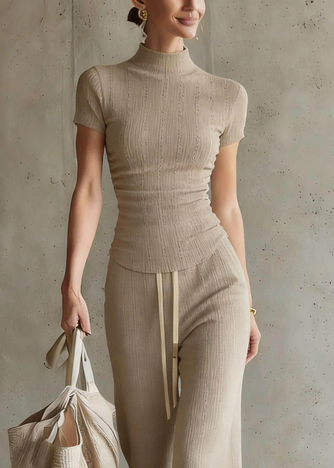 Casual Drawstring Top And Wide Leg Pants Two Piece Set Short Sleeve - Image 2
