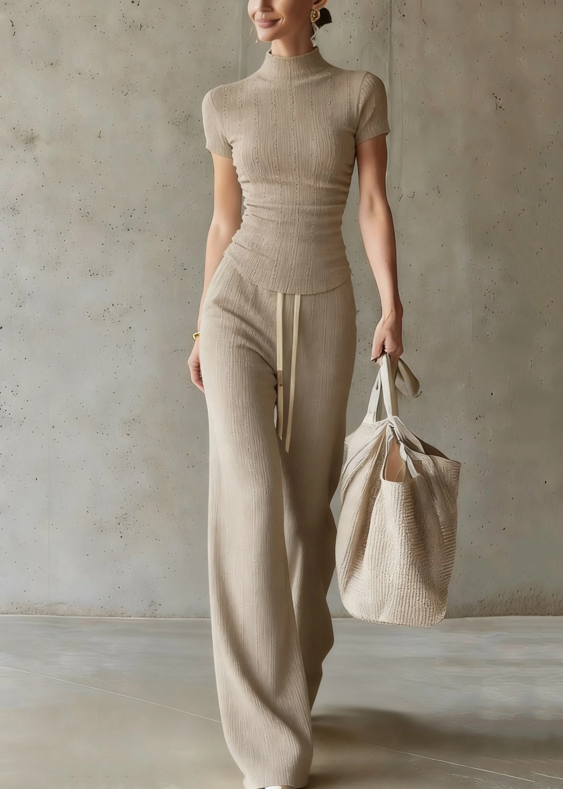 Casual Drawstring Top And Wide Leg Pants Two Piece Set Short Sleeve - Image 3