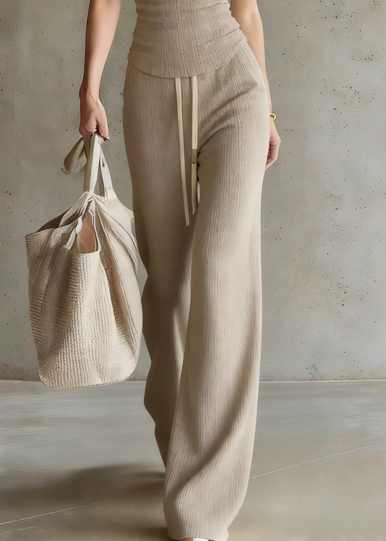 Casual Drawstring Top And Wide Leg Pants Two Piece Set Short Sleeve - Image 4