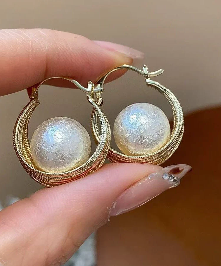 Casual Gold Copper Overgild Cotton Pearl Bird's Nest Hoop Earrings - Image 3