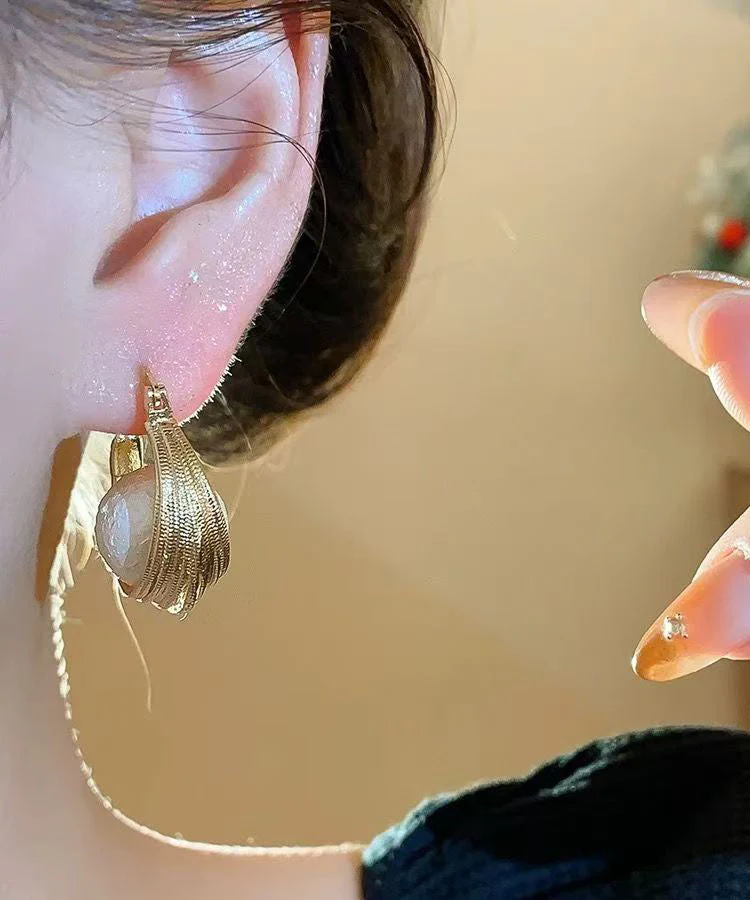 Casual Gold Copper Overgild Cotton Pearl Bird's Nest Hoop Earrings - Image 4