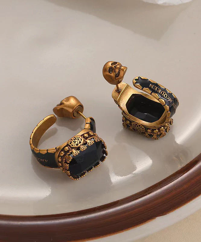Casual Gold Copper Overgild Gem Stone Skull Hoop Earrings - Image 3