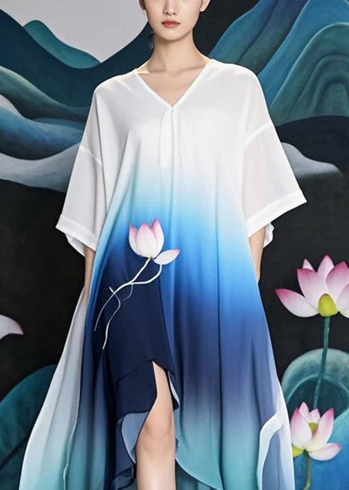 Casual Gradient Color Asymmetrical Design Lotus Print Chiffon Long Dress Summer - Image 2