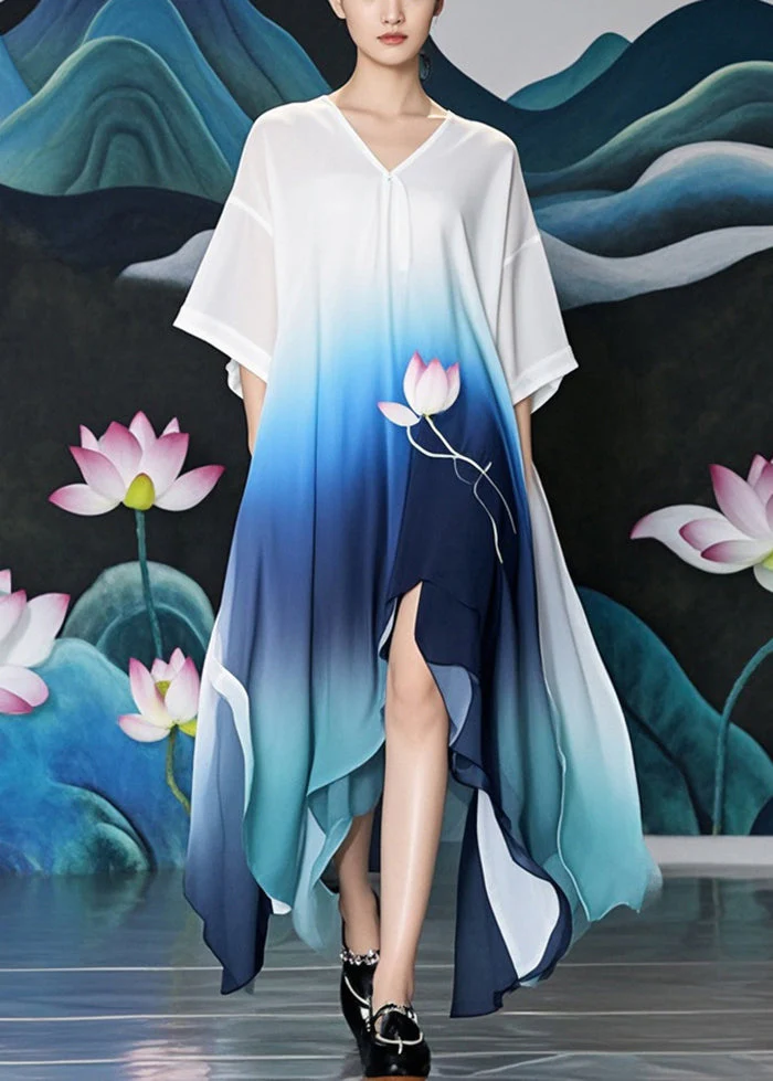 Casual Gradient Color Asymmetrical Design Lotus Print Chiffon Long Dress Summer - Image 3