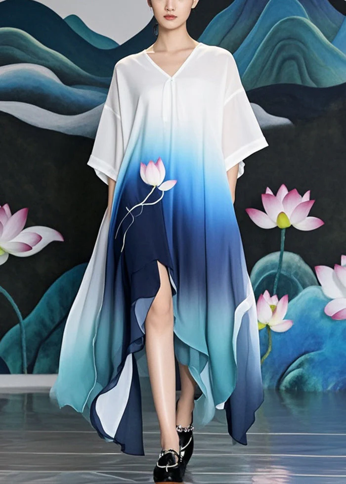 Casual Gradient Color Asymmetrical Design Lotus Print Chiffon Long Dress Summer - Image 5