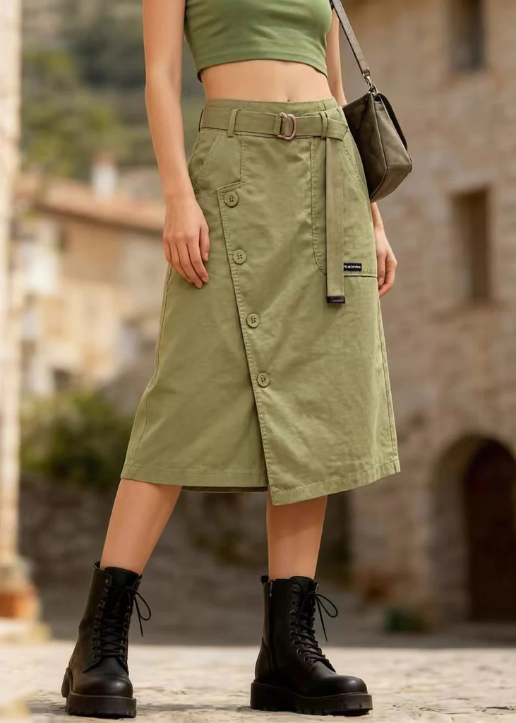 Casual Grass Green Asymmetrical Design Cotton Skirt Summer - Image 3
