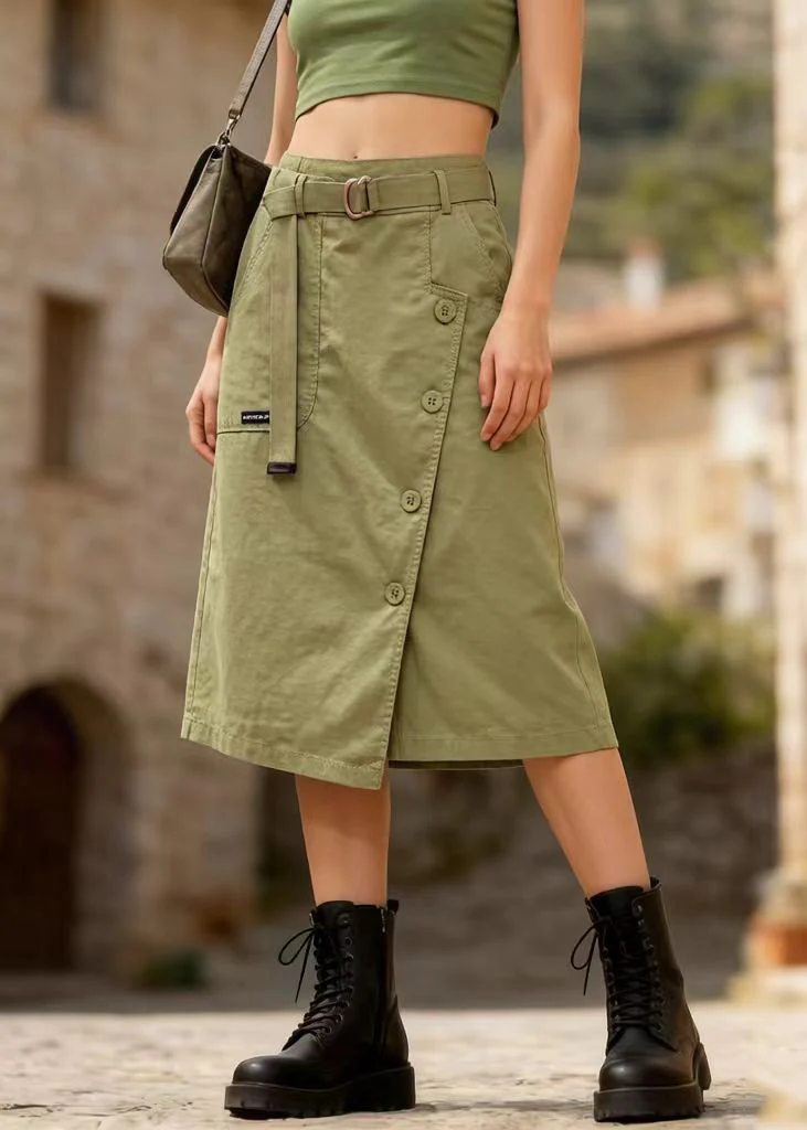 Casual Grass Green Asymmetrical Design Cotton Skirt Summer - Image 5