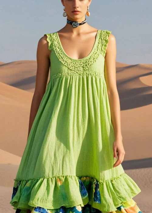 Casual Grass Green Print Cotton Long Dresses Summer - Image 2