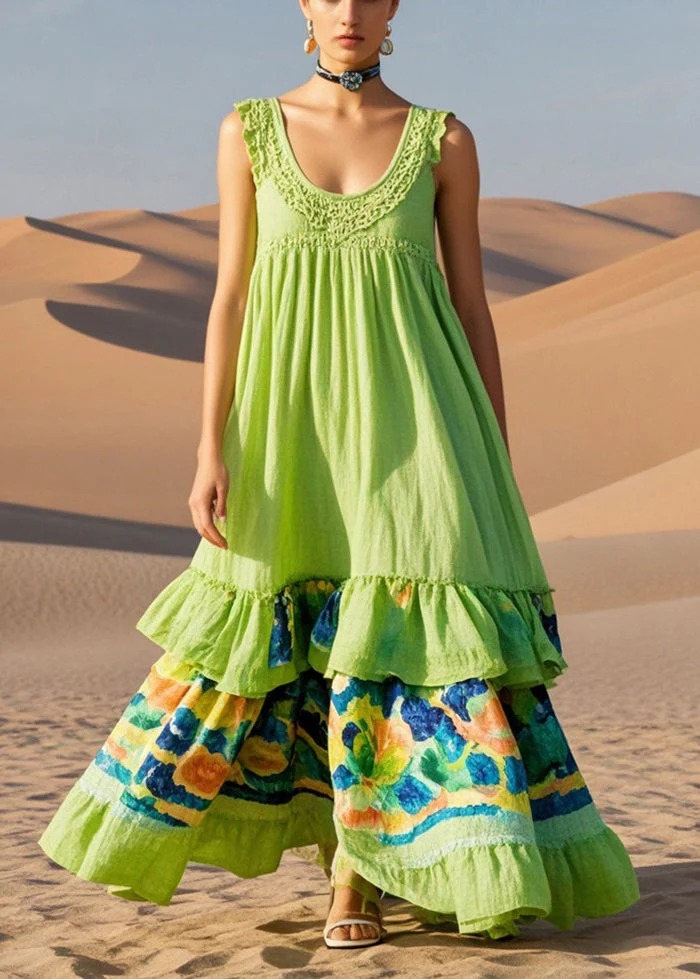 Casual Grass Green Print Cotton Long Dresses Summer - Image 3