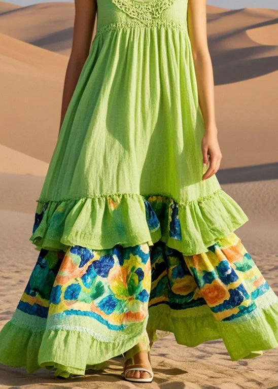 Casual Grass Green Print Cotton Long Dresses Summer - Image 4