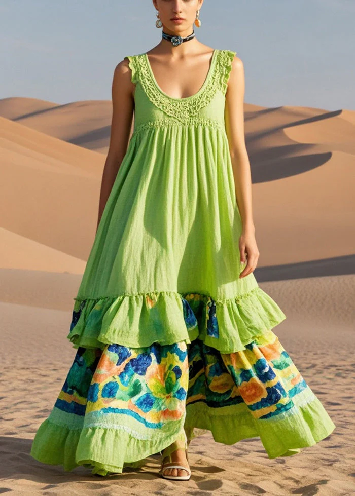 Casual Grass Green Print Cotton Long Dresses Summer - Image 5