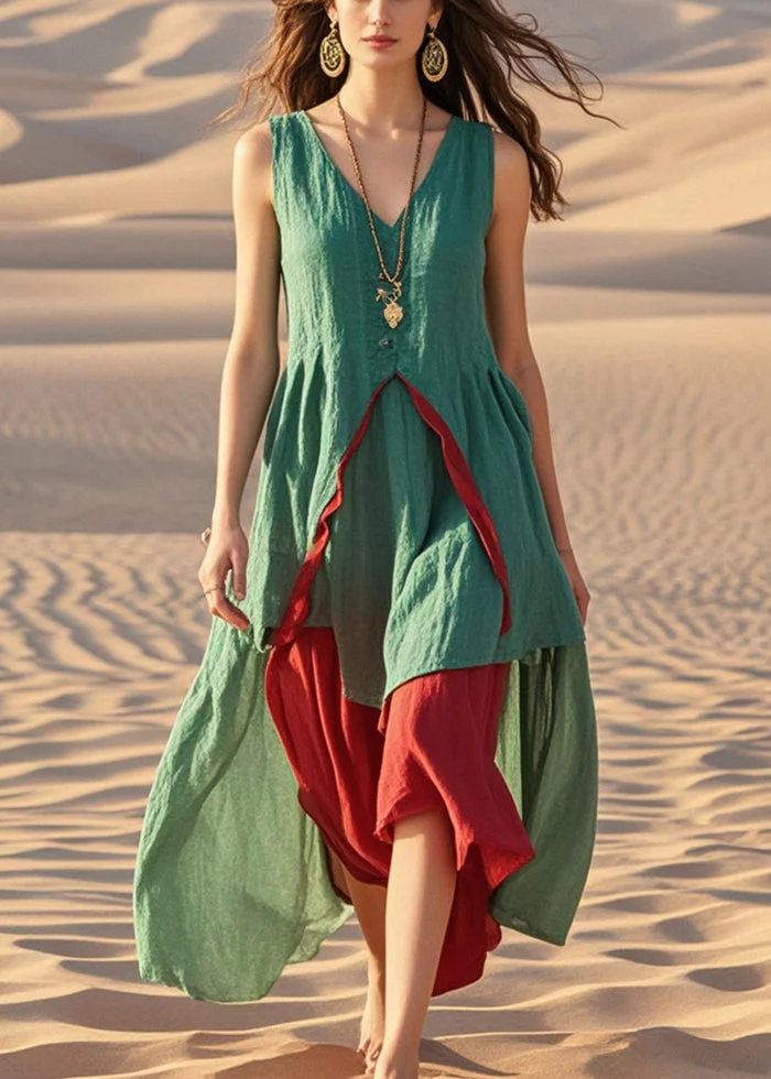 Casual Green Asymmetrical Patchwork Cotton Dress Summer - Image 3
