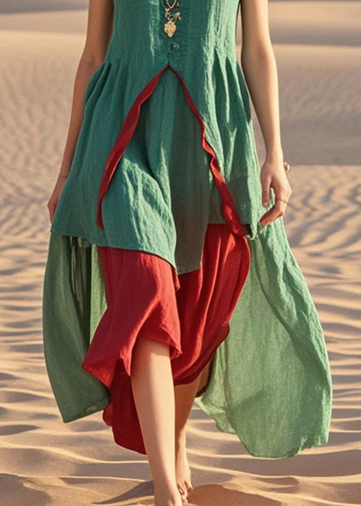 Casual Green Asymmetrical Patchwork Cotton Dress Summer - Image 4