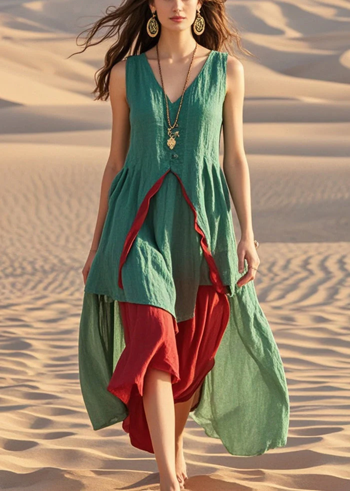 Casual Green Asymmetrical Patchwork Cotton Dress Summer - Image 5
