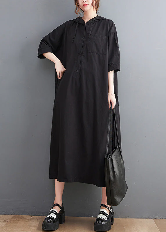 Casual Green Button Neck Tie Cotton Hooded Long Dress Summer - Image 2