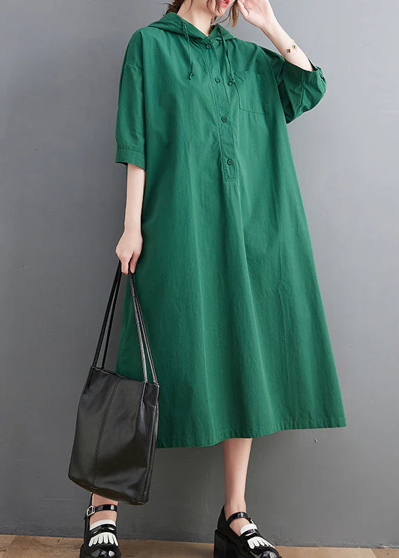 Casual Green Button Neck Tie Cotton Hooded Long Dress Summer - Image 3