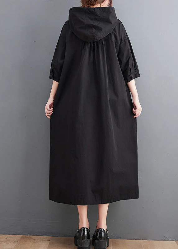 Casual Green Button Neck Tie Cotton Hooded Long Dress Summer - Image 4
