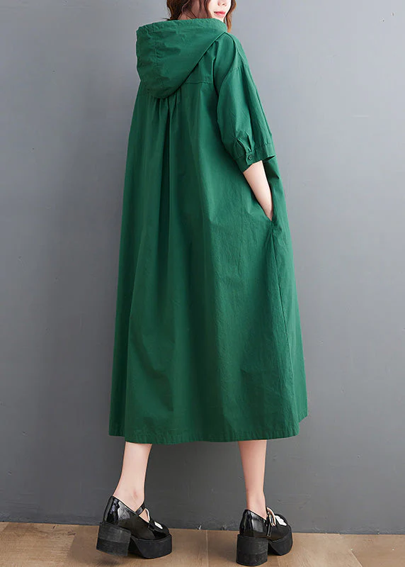 Casual Green Button Neck Tie Cotton Hooded Long Dress Summer - Image 5