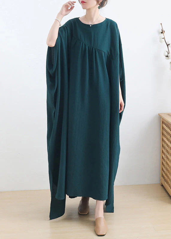 Casual Green O-Neck Asymmetrical Cotton Long Dress Short Sleeve - Image 2