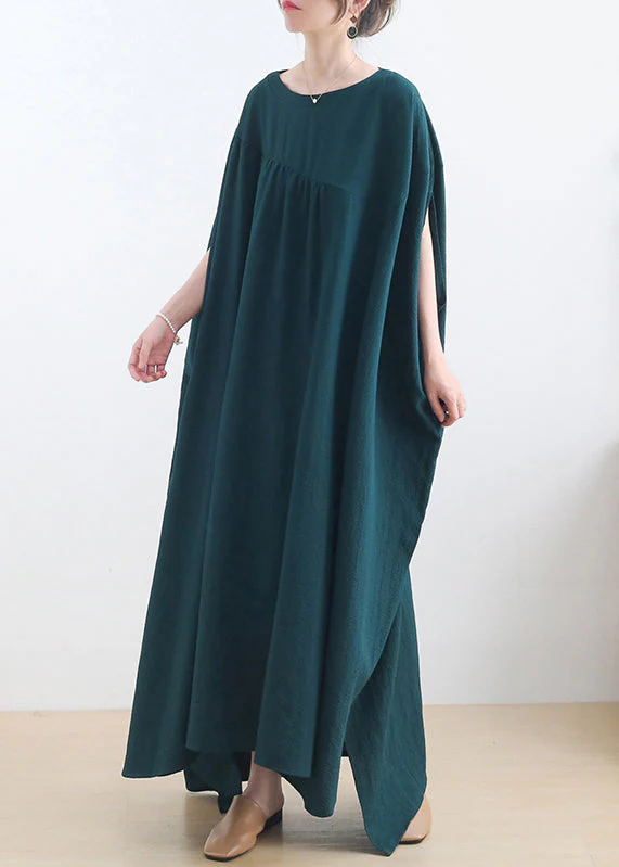 Casual Green O-Neck Asymmetrical Cotton Long Dress Short Sleeve - Image 3