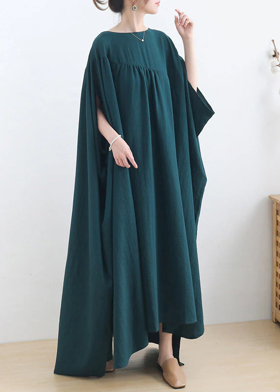 Casual Green O-Neck Asymmetrical Cotton Long Dress Short Sleeve - Image 4