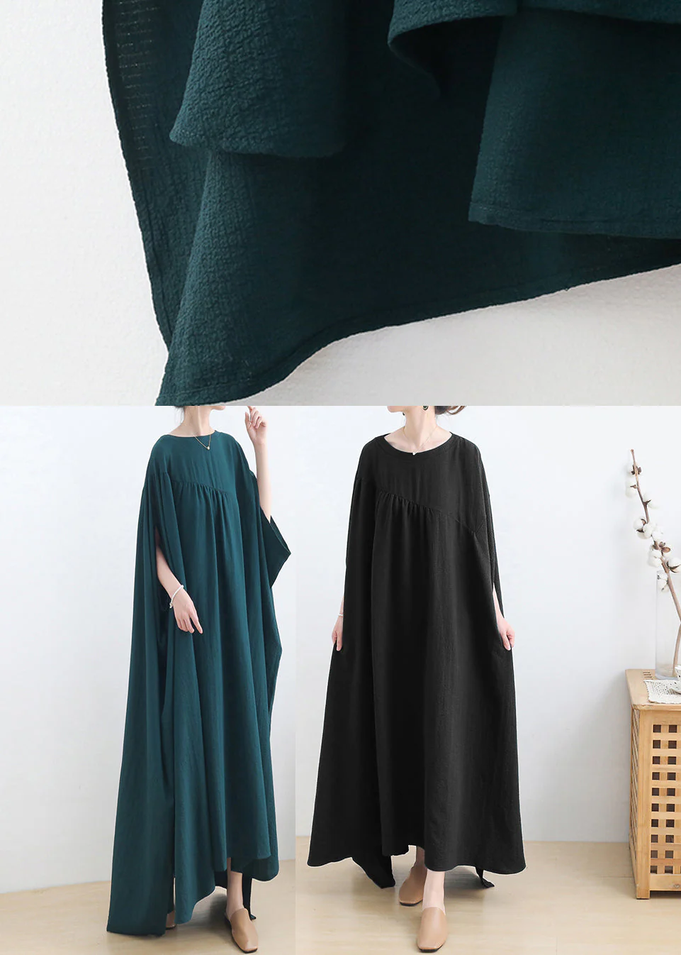 Casual Green O-Neck Asymmetrical Cotton Long Dress Short Sleeve - Image 5