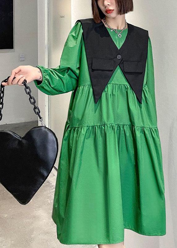 Casual Green O-Neck Button Zippered Fall Dress Long sleeve