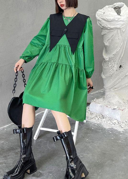 Casual Green O-Neck Button Zippered Fall Dress Long sleeve - Image 2