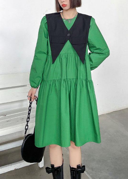 Casual Green O-Neck Button Zippered Fall Dress Long sleeve - Image 3