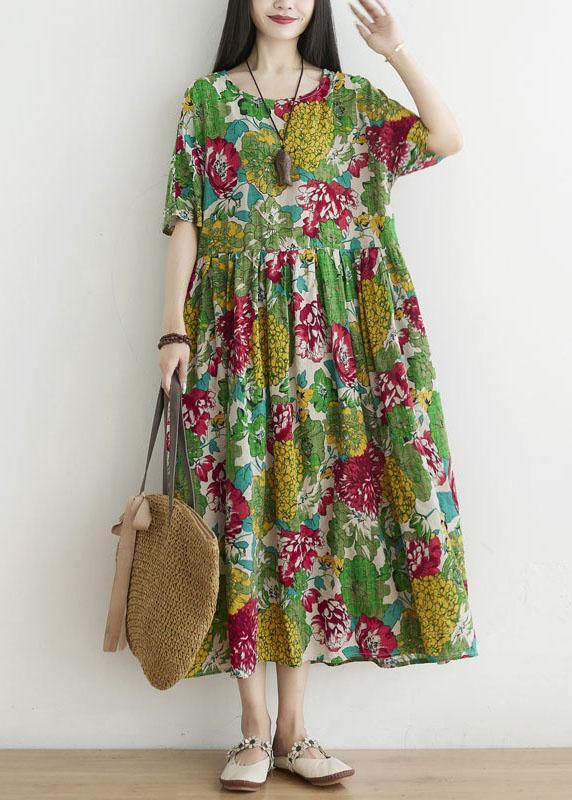 Casual Green O-Neck Patchwork Print Fall Ankle Dress Half Sleeve