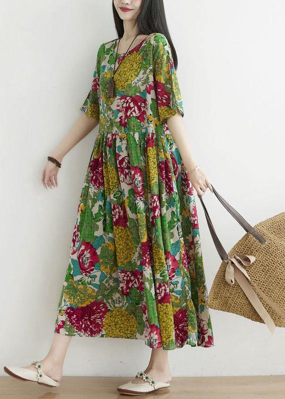 Casual Green O-Neck Patchwork Print Fall Ankle Dress Half Sleeve - Image 2