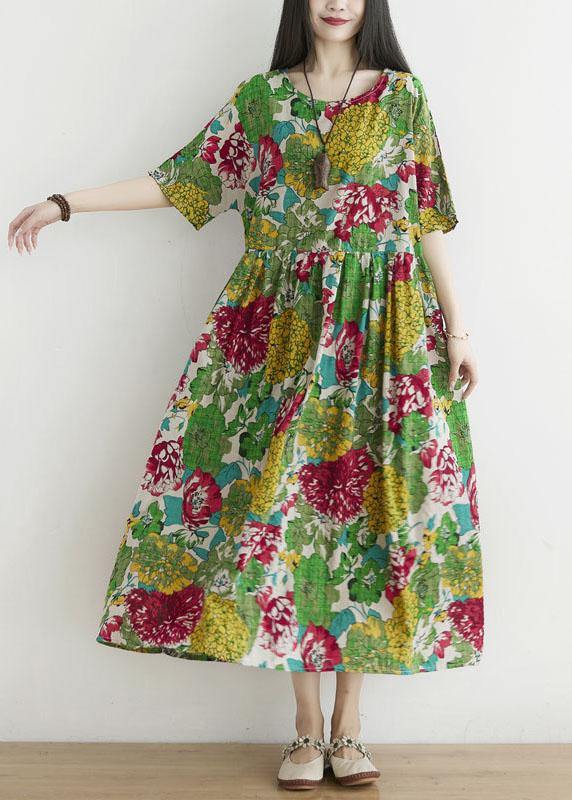 Casual Green O-Neck Patchwork Print Fall Ankle Dress Half Sleeve - Image 3