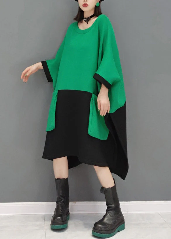 Casual Green O Neck Pockets Patchwork Cotton Mid Dresses Fall - Image 2